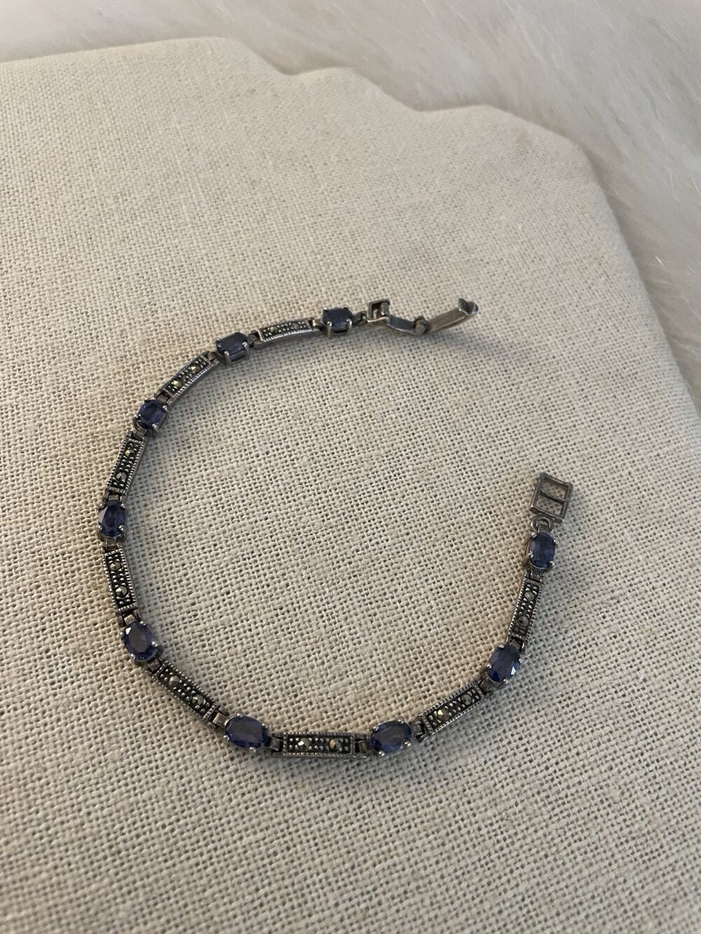 Vintage Sterling 925 CW Charles Winston Amethyst & Marcasite Panel Link Bracelet
